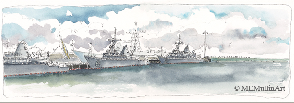Ships in San Diego watercolor print by Mary Mullin